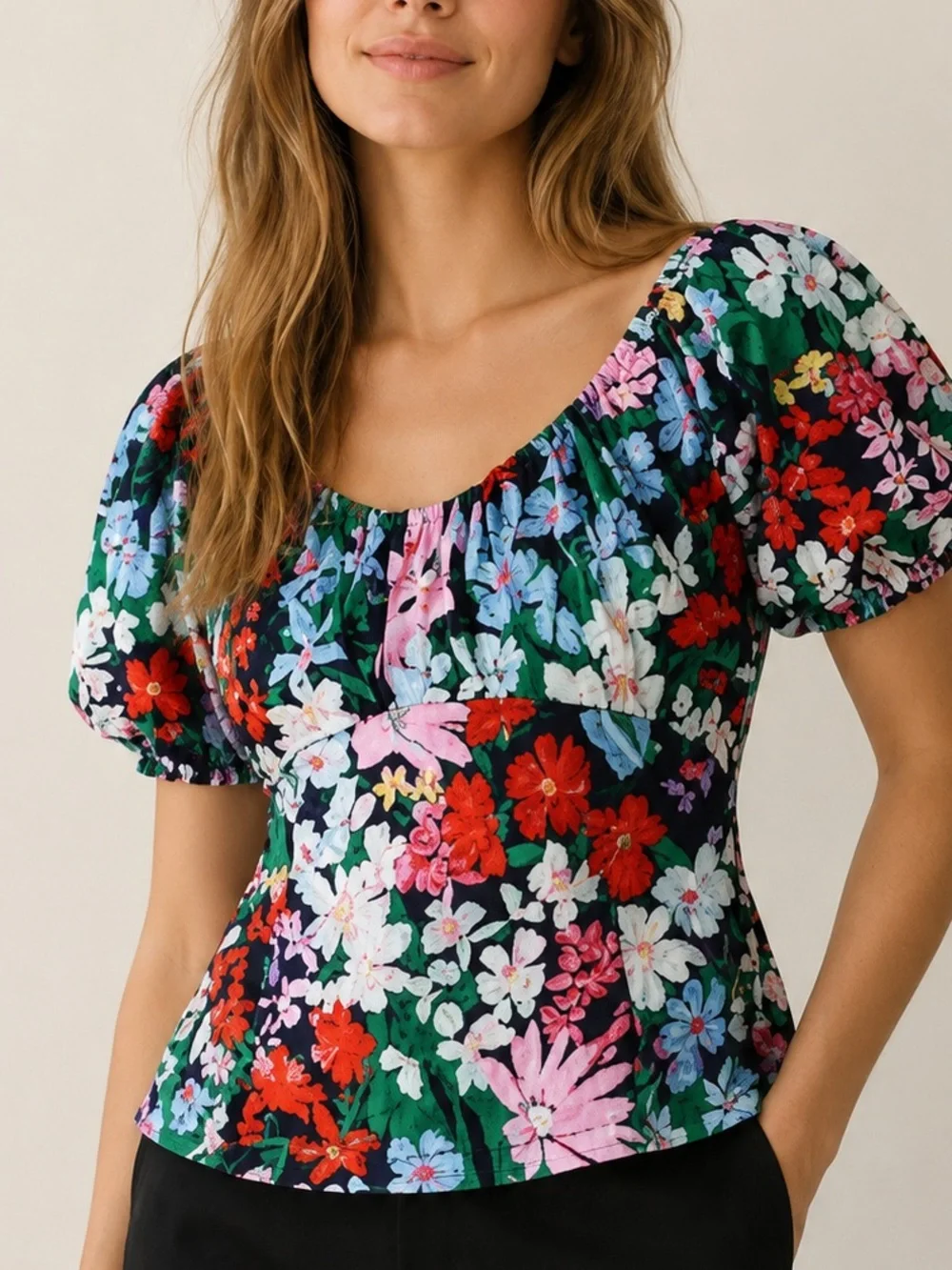 Old Navy Floral Puff Sleeve Cotton Peasant Top Smocked Square Neck NWOT M